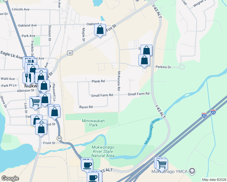 map of restaurants, bars, coffee shops, grocery stores, and more near 632 Small Farm Road in Mukwonago