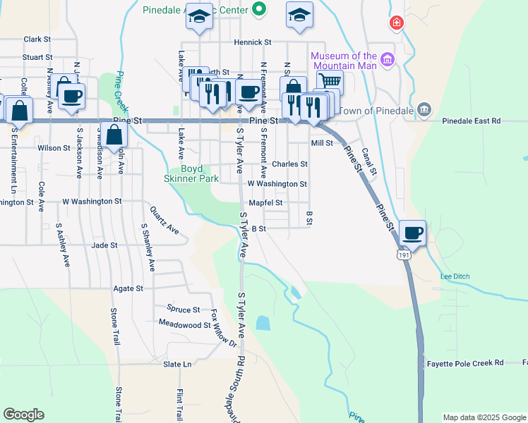 map of restaurants, bars, coffee shops, grocery stores, and more near 400 South Fremont Avenue in Pinedale