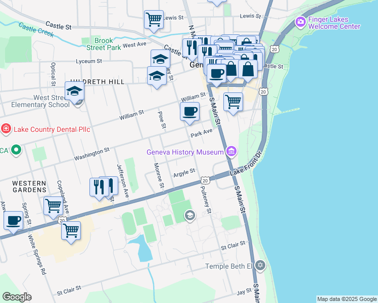 map of restaurants, bars, coffee shops, grocery stores, and more near 198 Pulteney Street in Geneva