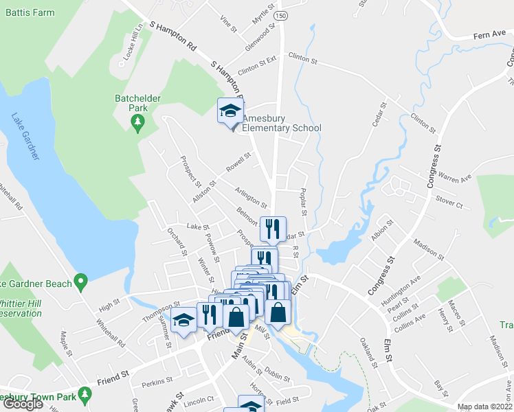 map of restaurants, bars, coffee shops, grocery stores, and more near 7 Arlington Street in Amesbury