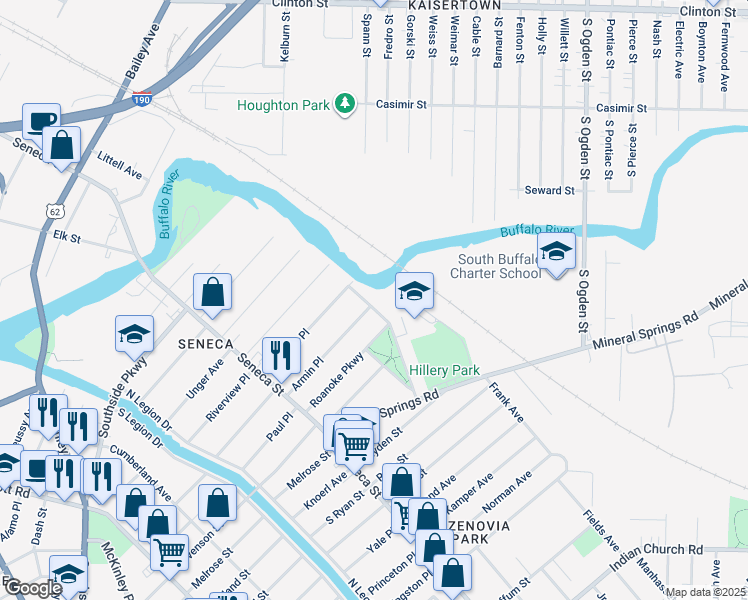 map of restaurants, bars, coffee shops, grocery stores, and more near 121 Pawnee Parkway in Buffalo