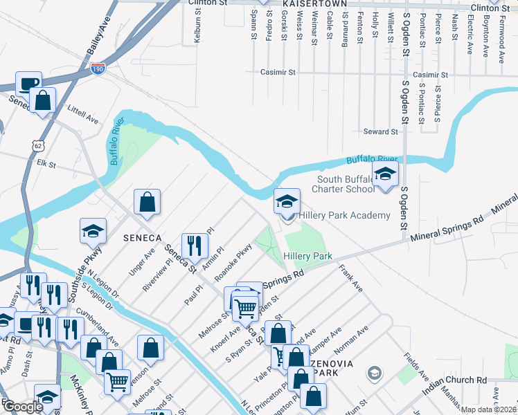 map of restaurants, bars, coffee shops, grocery stores, and more near 121 Pawnee Parkway in Buffalo