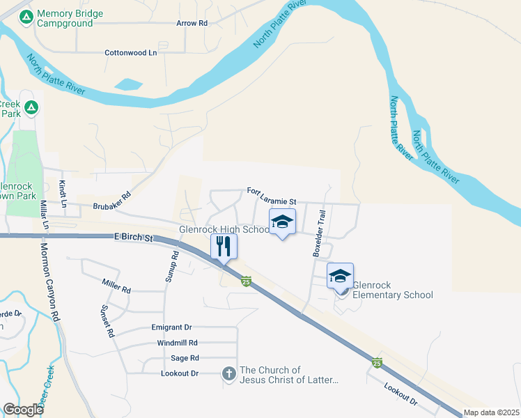 map of restaurants, bars, coffee shops, grocery stores, and more near 214 California Trail in Glenrock