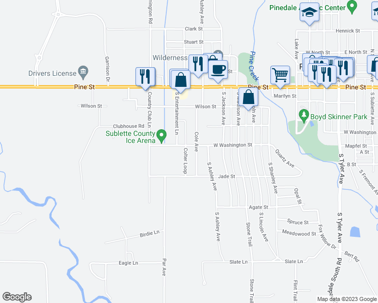 map of restaurants, bars, coffee shops, grocery stores, and more near 343 Colter Loop in Pinedale