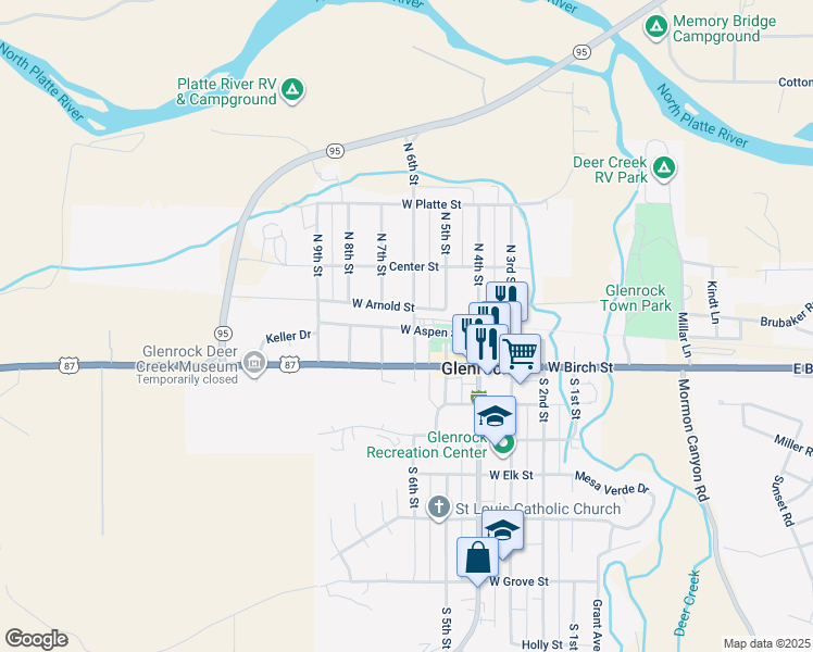 map of restaurants, bars, coffee shops, grocery stores, and more near 500 W Aspen St in Glenrock