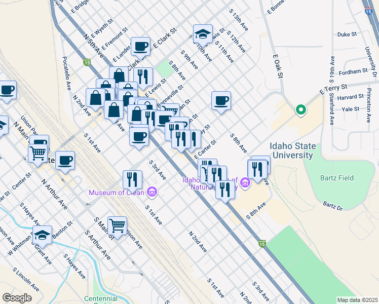 map of restaurants, bars, coffee shops, grocery stores, and more near 628 South 5th Avenue in Pocatello