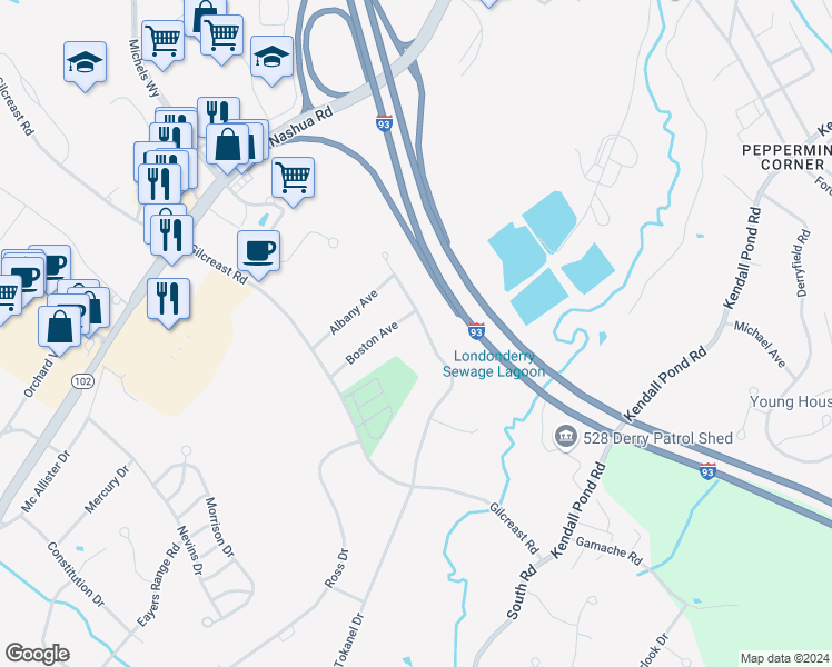 map of restaurants, bars, coffee shops, grocery stores, and more near 14 Charleston Avenue in Londonderry
