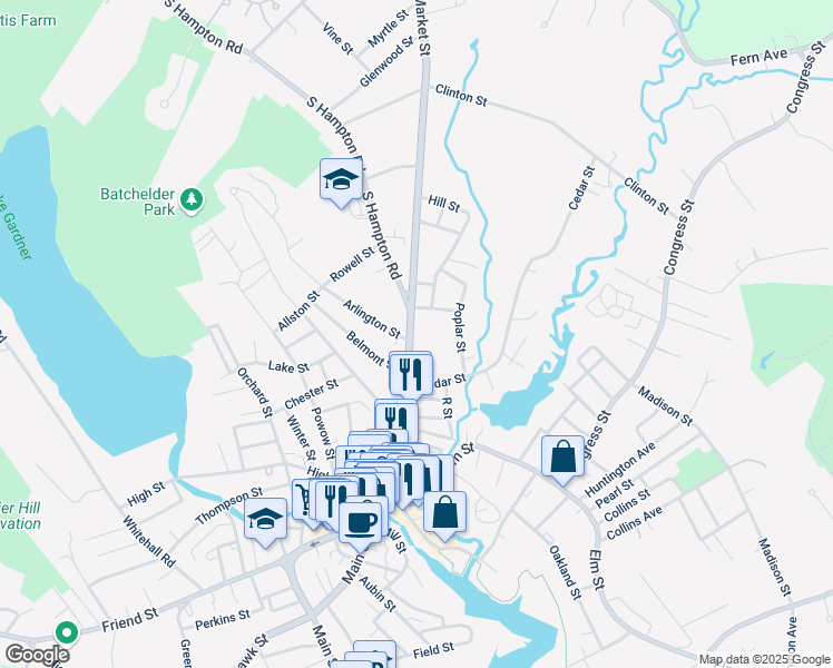 map of restaurants, bars, coffee shops, grocery stores, and more near 101 Market Street in Amesbury