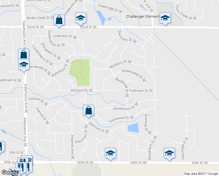 map of restaurants, bars, coffee shops, grocery stores, and more near 2107 Wilmont Drive Southeast in Kentwood