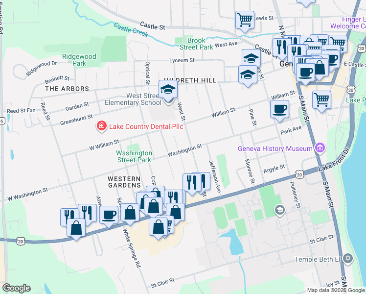 map of restaurants, bars, coffee shops, grocery stores, and more near 302 Washington Street in Geneva