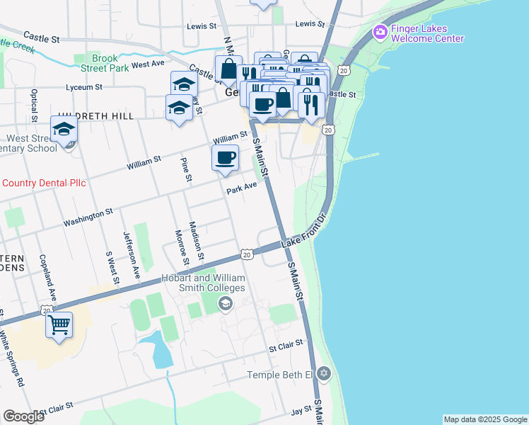 map of restaurants, bars, coffee shops, grocery stores, and more near 520 South Main Street in Geneva