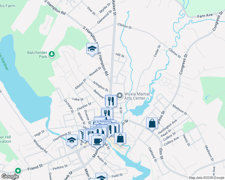 map of restaurants, bars, coffee shops, grocery stores, and more near 101 Market Street in Amesbury