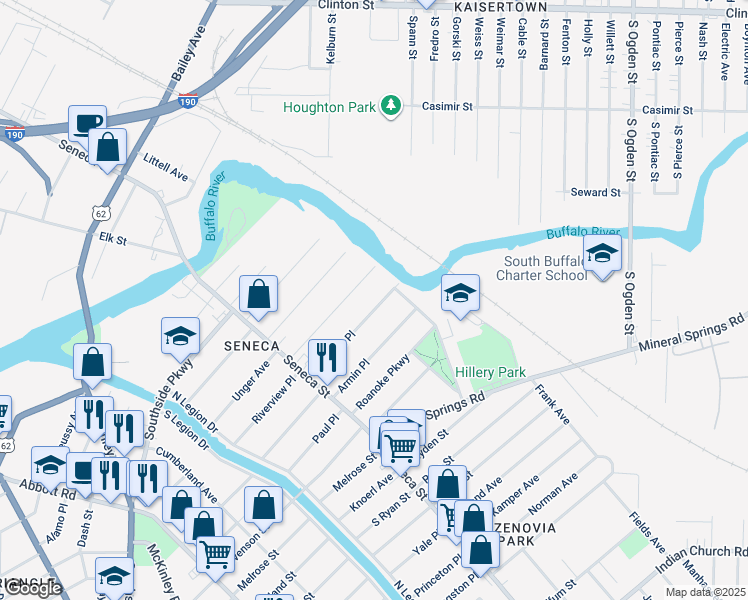 map of restaurants, bars, coffee shops, grocery stores, and more near 110 Pomona Place in Buffalo
