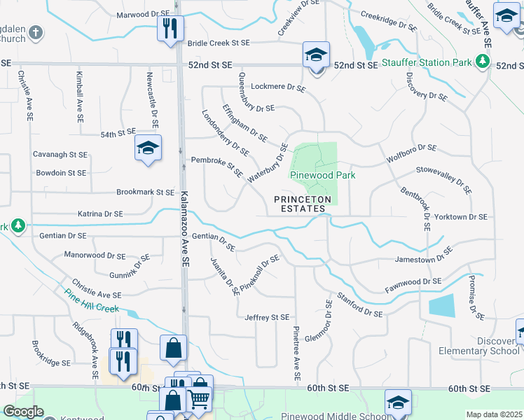 map of restaurants, bars, coffee shops, grocery stores, and more near 1840 Pembroke Street Southeast in Kentwood