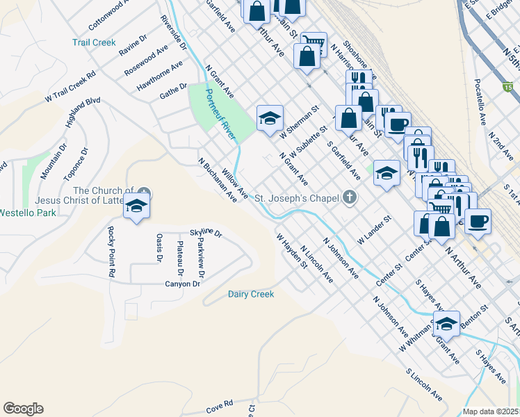 map of restaurants, bars, coffee shops, grocery stores, and more near 702 Willow Avenue in Pocatello