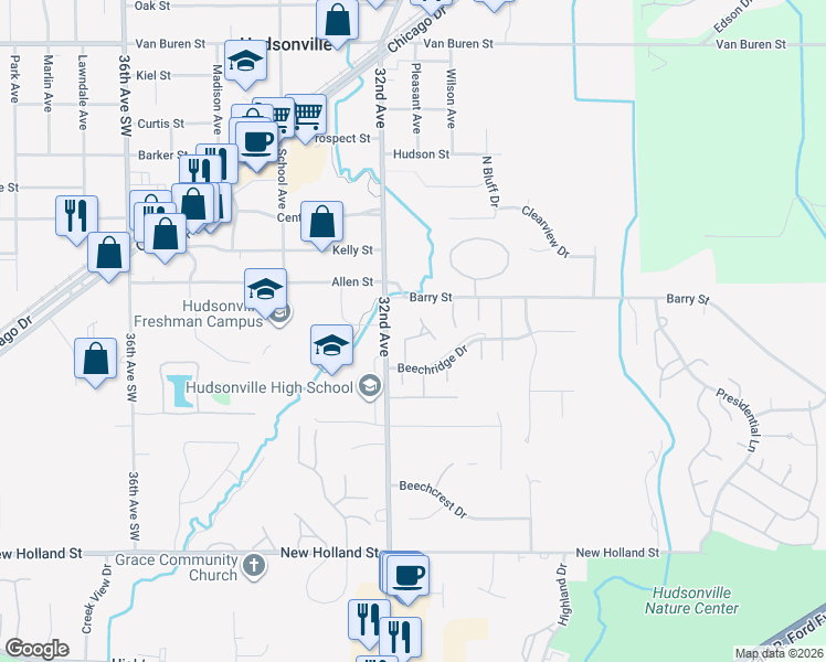 map of restaurants, bars, coffee shops, grocery stores, and more near 3087 Beechridge Drive in Hudsonville