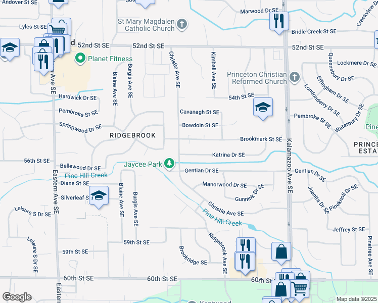 map of restaurants, bars, coffee shops, grocery stores, and more near 1257 Katrina Drive Southeast in Kentwood