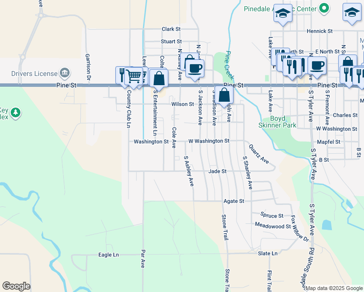map of restaurants, bars, coffee shops, grocery stores, and more near 341 South Ashley Avenue in Pinedale