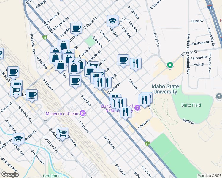 map of restaurants, bars, coffee shops, grocery stores, and more near 655 South 6th Avenue in Pocatello
