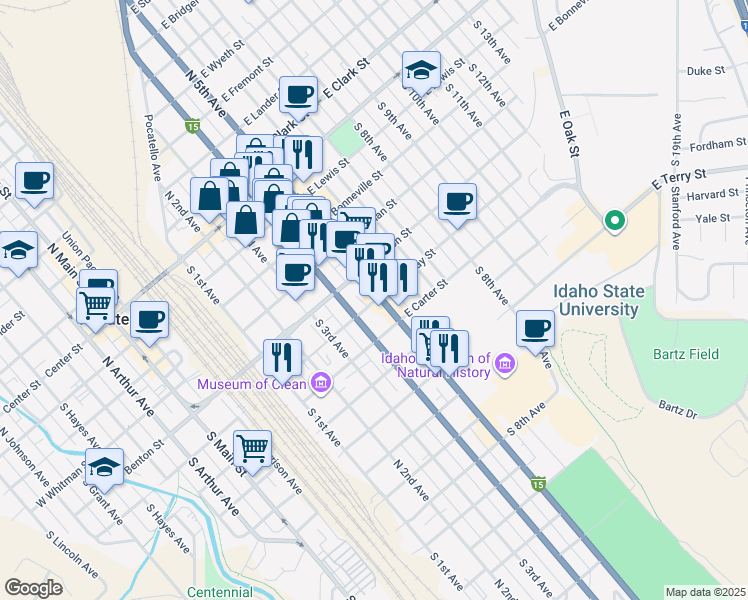 map of restaurants, bars, coffee shops, grocery stores, and more near 538 East Halliday Street in Pocatello
