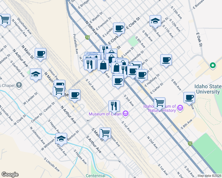 map of restaurants, bars, coffee shops, grocery stores, and more near 301 South 2nd Avenue in Pocatello