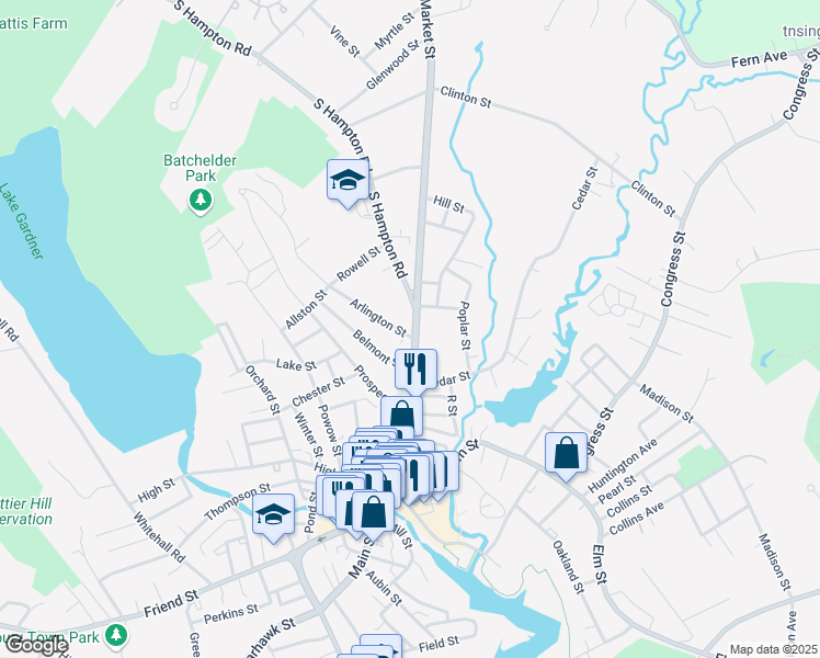 map of restaurants, bars, coffee shops, grocery stores, and more near 101 Market Street in Amesbury