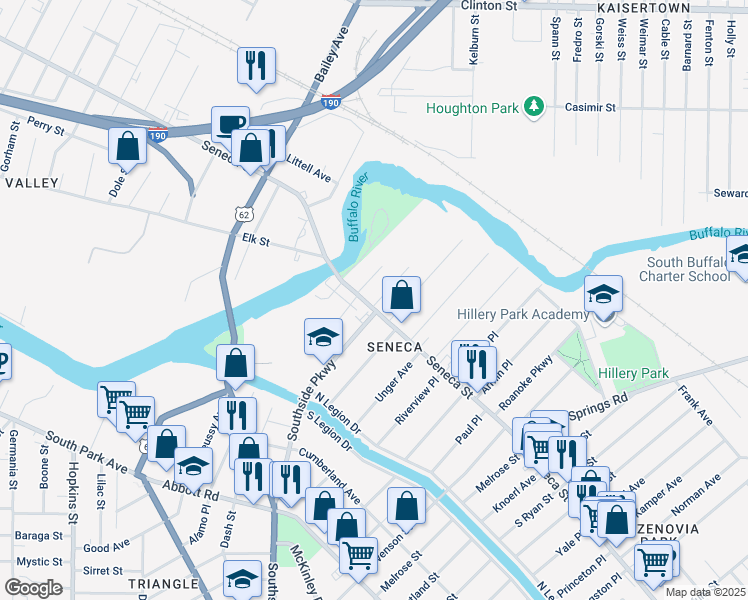 map of restaurants, bars, coffee shops, grocery stores, and more near 1718 Seneca Street in Buffalo