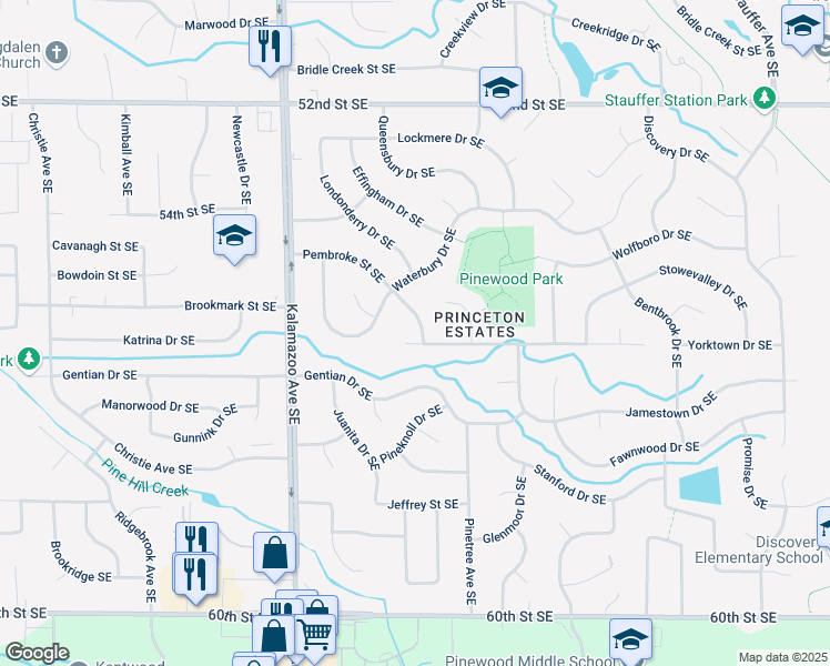 map of restaurants, bars, coffee shops, grocery stores, and more near 1840 Pembroke Street Southeast in Kentwood