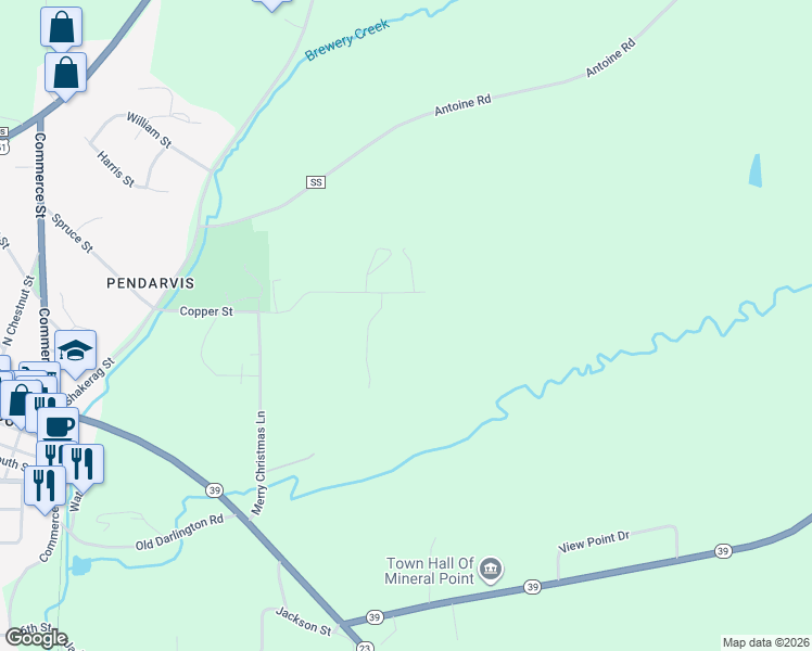 map of restaurants, bars, coffee shops, grocery stores, and more near 575 Copper Street in Mineral Point