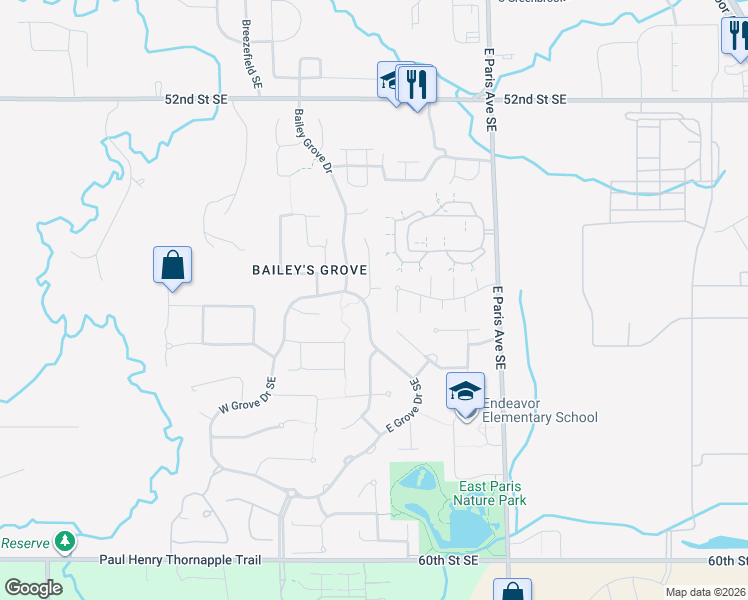 map of restaurants, bars, coffee shops, grocery stores, and more near 5555 East Grove Drive Southeast in Kentwood