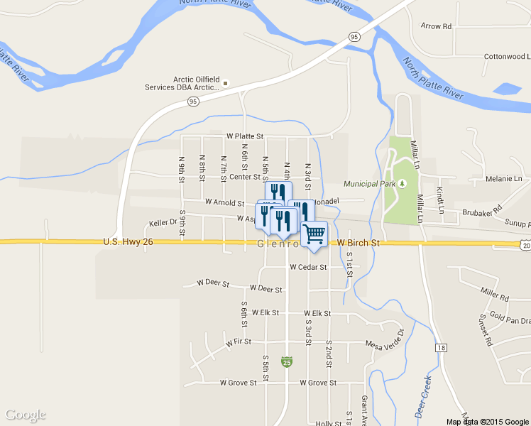 map of restaurants, bars, coffee shops, grocery stores, and more near 500 West Aspen Street in Glenrock