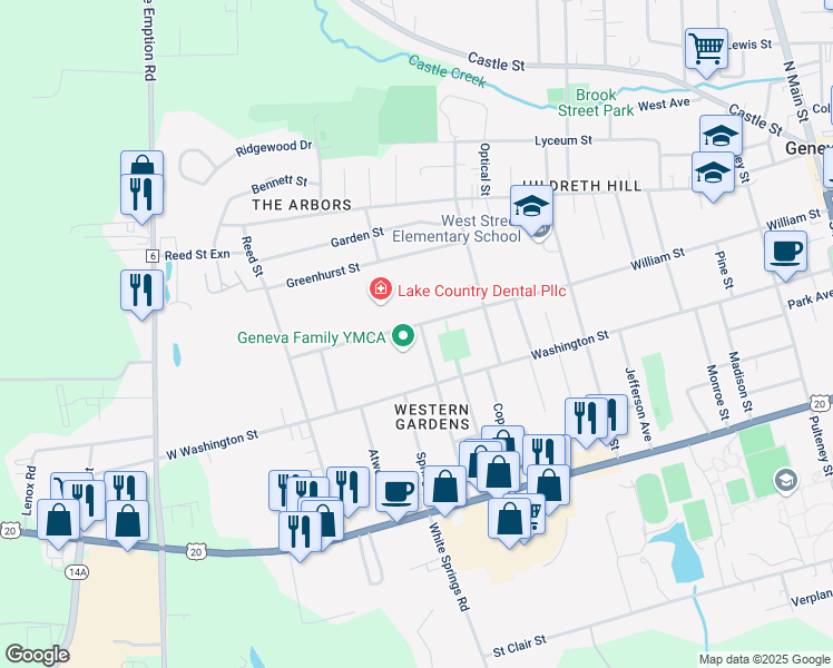 map of restaurants, bars, coffee shops, grocery stores, and more near 381 William Street in Geneva