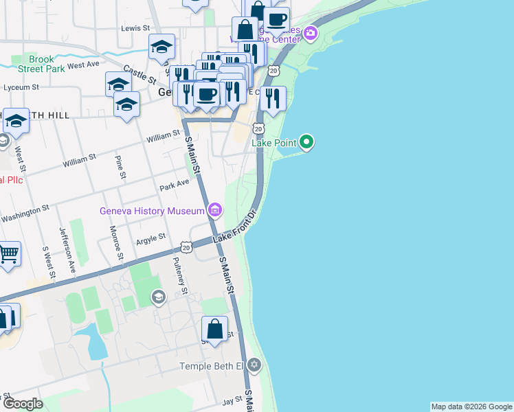 map of restaurants, bars, coffee shops, grocery stores, and more near 90 Hamilton Street in Geneva