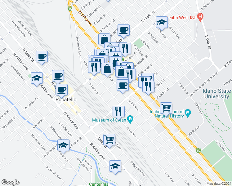 map of restaurants, bars, coffee shops, grocery stores, and more near 322 East Whitman Street in Pocatello