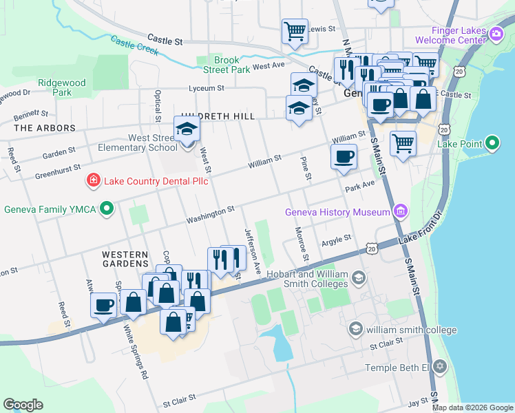 map of restaurants, bars, coffee shops, grocery stores, and more near 239 Washington Street in Geneva
