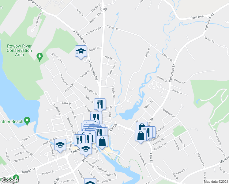 map of restaurants, bars, coffee shops, grocery stores, and more near 23 Poplar Street in Amesbury