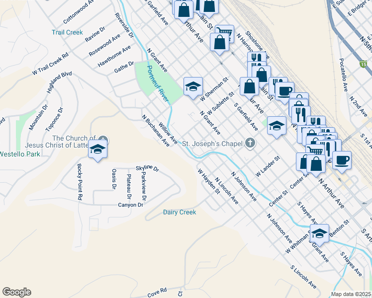 map of restaurants, bars, coffee shops, grocery stores, and more near 702 Willow Avenue in Pocatello