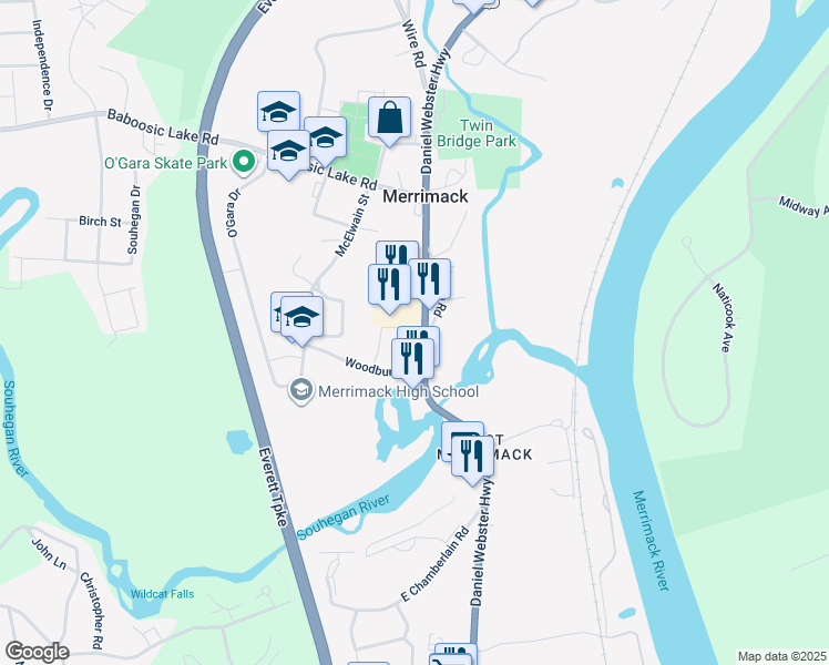 map of restaurants, bars, coffee shops, grocery stores, and more near 454 Daniel Webster Highway in Merrimack