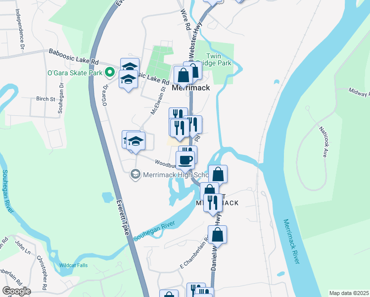 map of restaurants, bars, coffee shops, grocery stores, and more near 454 Daniel Webster Highway in Merrimack