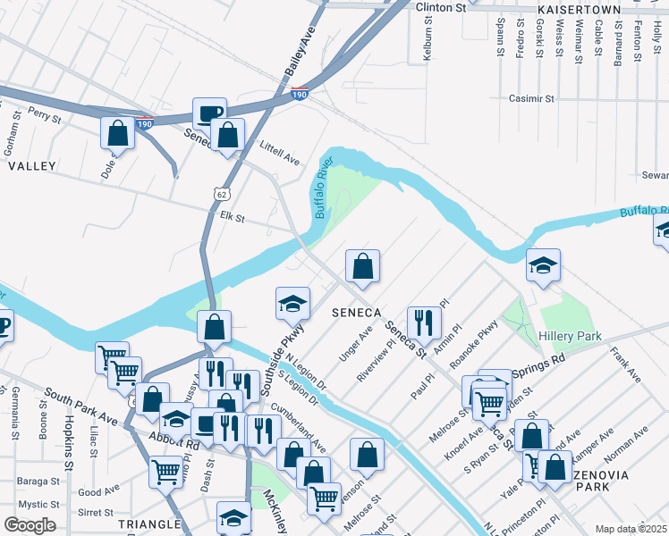 map of restaurants, bars, coffee shops, grocery stores, and more near 1718 Seneca Street in Buffalo