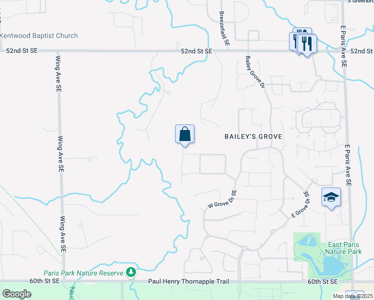 map of restaurants, bars, coffee shops, grocery stores, and more near 3443 North Meadow Grove Court Southeast in Kentwood
