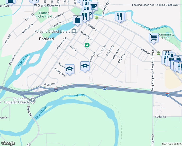 map of restaurants, bars, coffee shops, grocery stores, and more near 600 Okemos Road in Portland