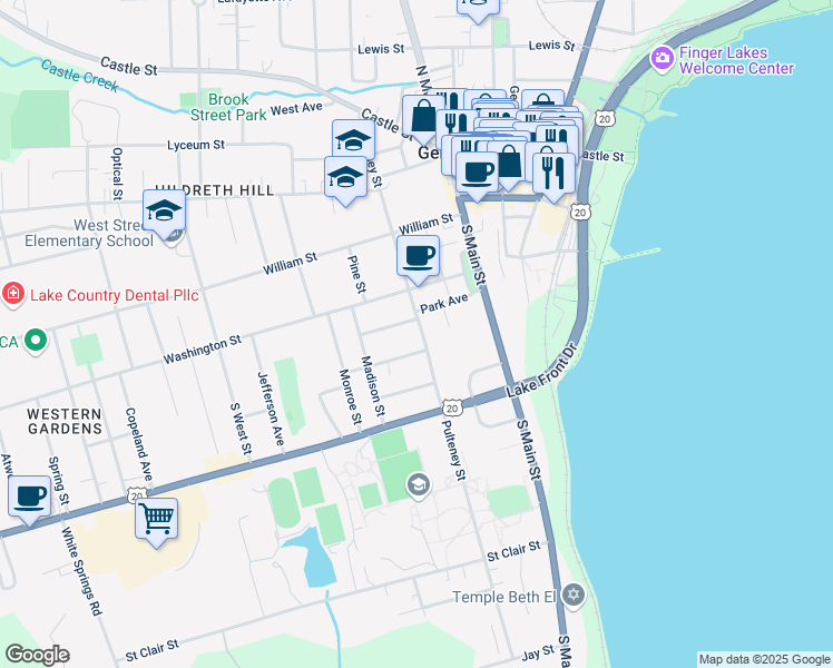 map of restaurants, bars, coffee shops, grocery stores, and more near 192 Pulteney Street in Geneva
