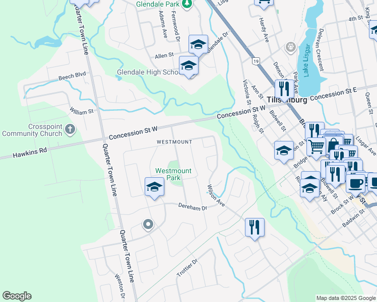 map of restaurants, bars, coffee shops, grocery stores, and more near 5 Hurley Avenue in Tillsonburg