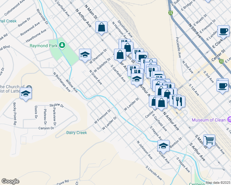 map of restaurants, bars, coffee shops, grocery stores, and more near 624 West Wyeth Street in Pocatello