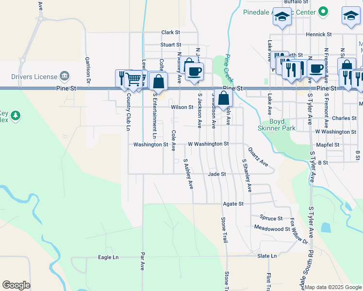 map of restaurants, bars, coffee shops, grocery stores, and more near 341 South Ashley Avenue in Pinedale