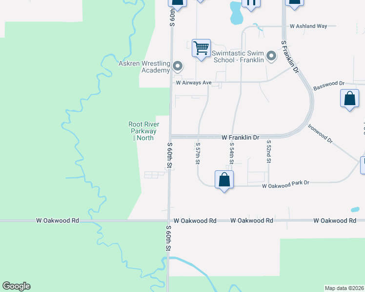 map of restaurants, bars, coffee shops, grocery stores, and more near 10264-10294 South 60th Street in Franklin