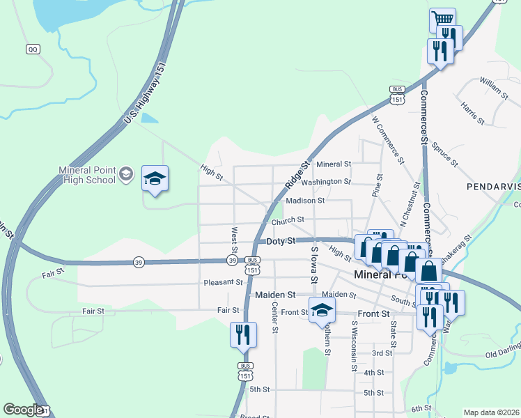 map of restaurants, bars, coffee shops, grocery stores, and more near 107 Ridge Street in Mineral Point