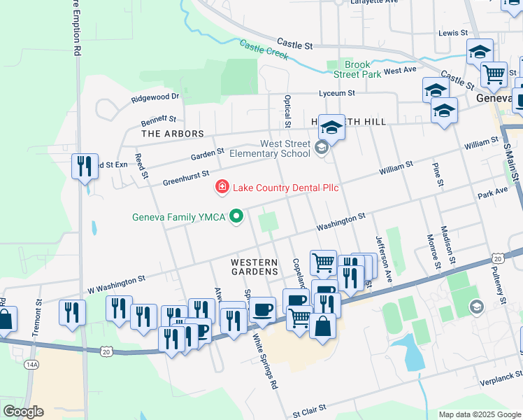 map of restaurants, bars, coffee shops, grocery stores, and more near 359 William Street in Geneva