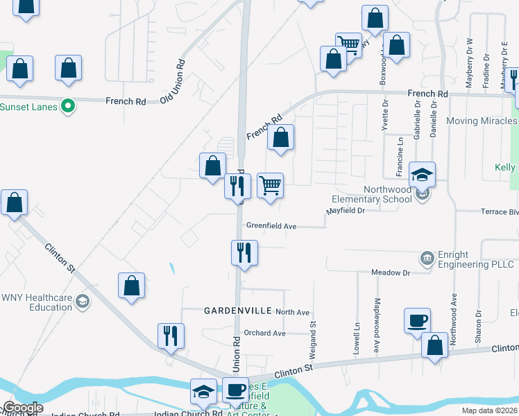 map of restaurants, bars, coffee shops, grocery stores, and more near 2305 Union Road in West Seneca